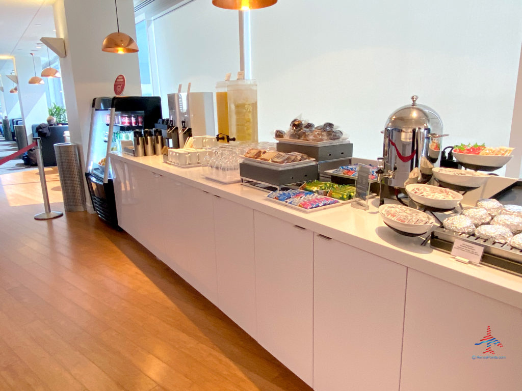 Breakfast foods are seen inside the Delta Sky Club “satellite” annex airport lounge inside Terminal 2 (T2) at Los Angeles International Airport (LAX) in Los Angeles, CA.