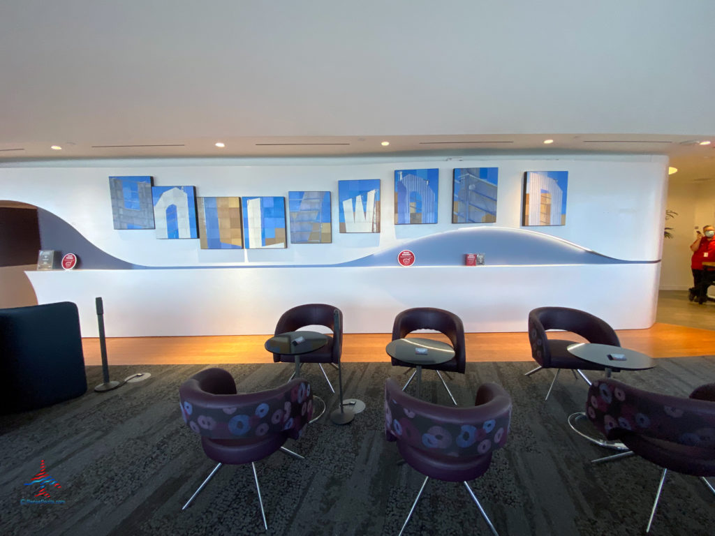 Seating and "Hollywood"-themed artwork are seen inside the Delta Sky Club “satellite” annex airport lounge inside Terminal 2 (T2) at Los Angeles International Airport (LAX) in Los Angeles, CA.