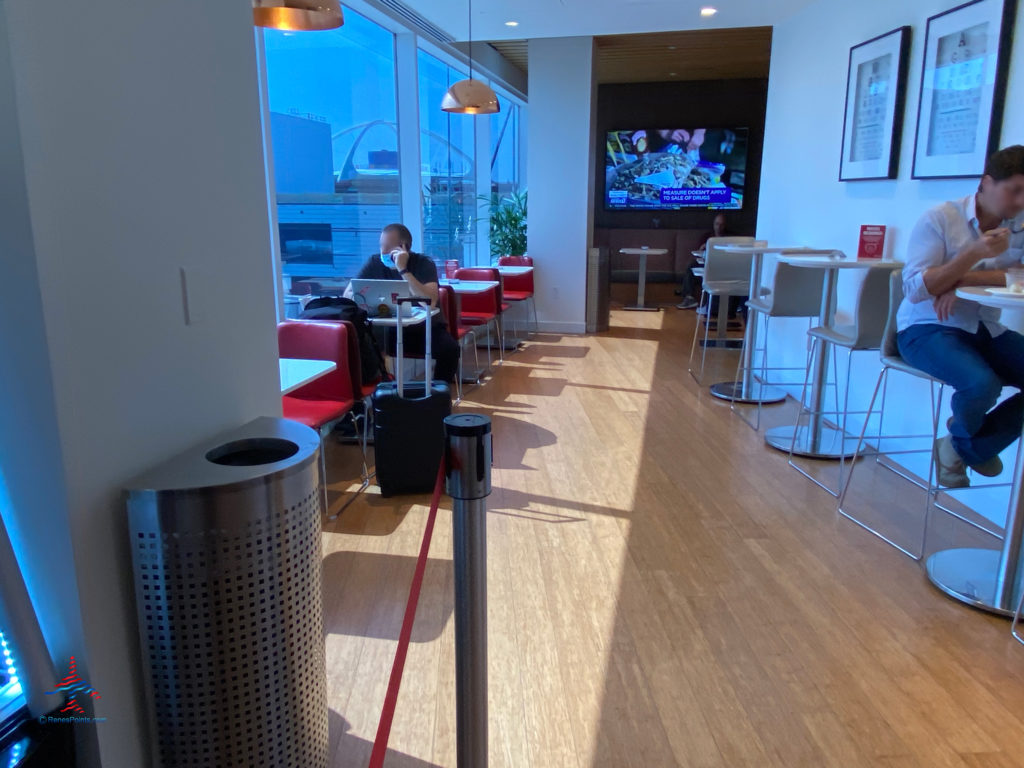 Guests and seating options are seen inside the Delta Sky Club “satellite” annex airport lounge inside Terminal 2 (T2) at Los Angeles International Airport (LAX) in Los Angeles, CA.