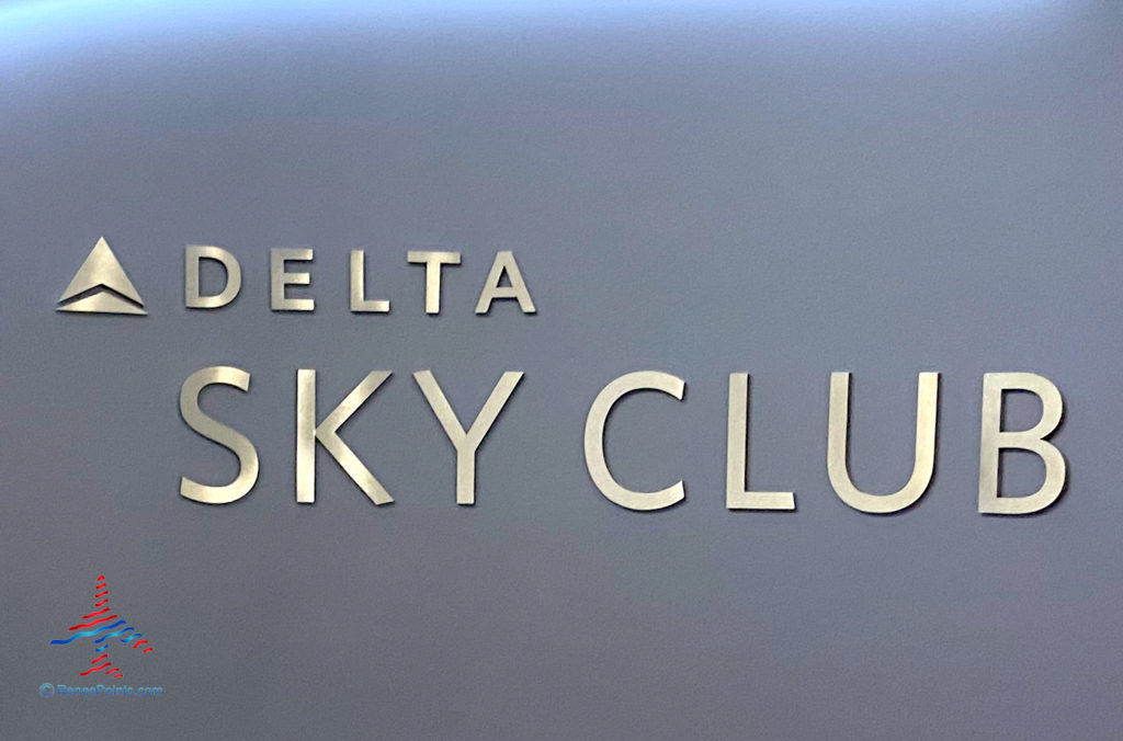 The Delta Sky Club logo is seen inside the Delta Sky Club “satellite” annex airport lounge inside Terminal 2 (T2) at Los Angeles International Airport (LAX) in Los Angeles, CA.