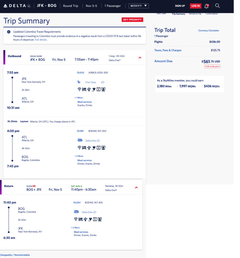 Delta One mileage run from JFK to Bogota, Columbia.