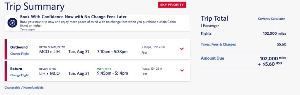 Delta mileage run from Orlando (MCO) to Lihue (LIH) -- first class.