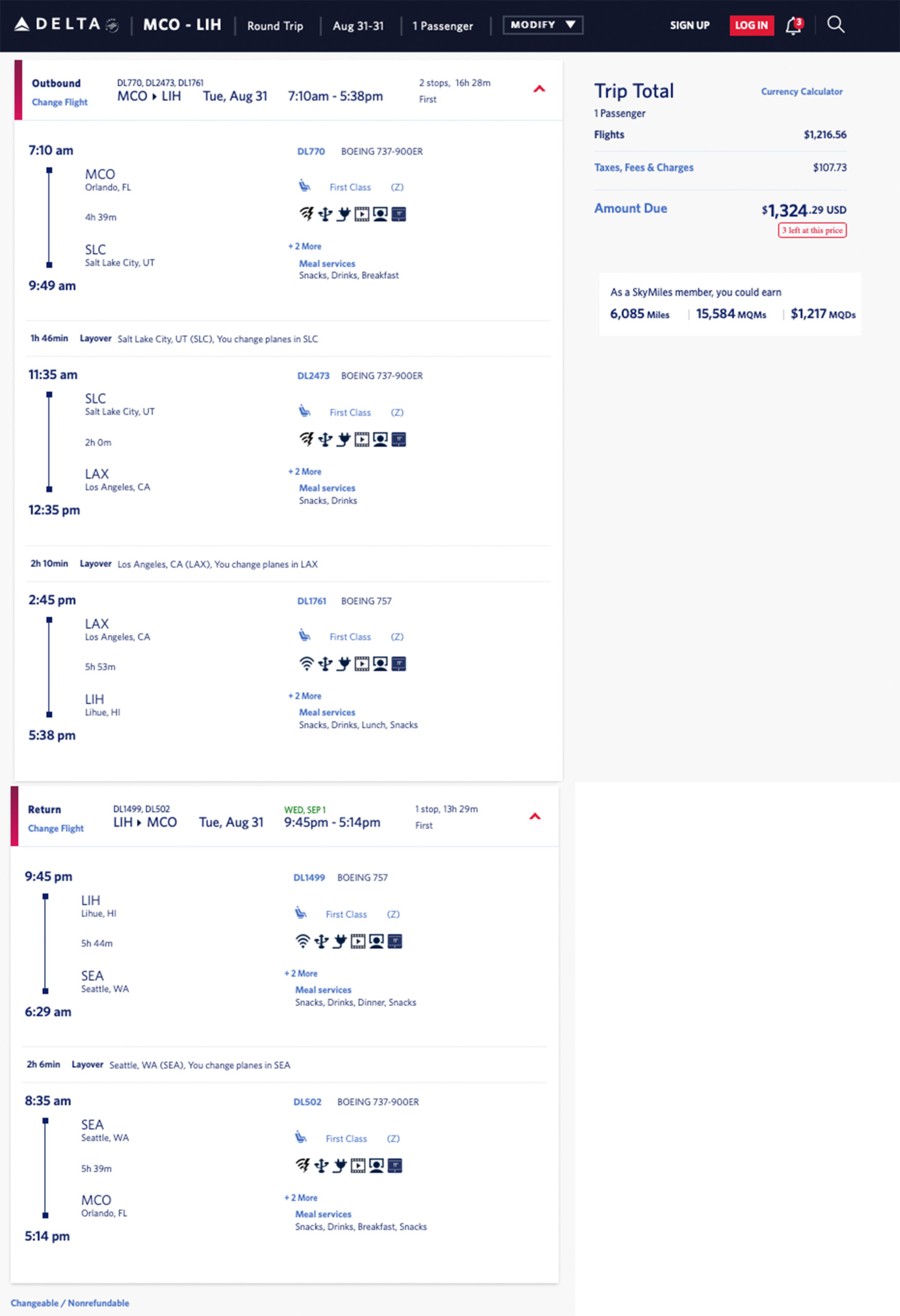 Delta First/Business Class Elite Mileage Run: Projected 27,272 MQM — Orlando (MCO) to Lihue (LIH) at 5 CPM!