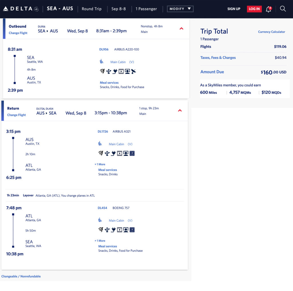 Delta Air Lines mileage run from Seattle to Austin.