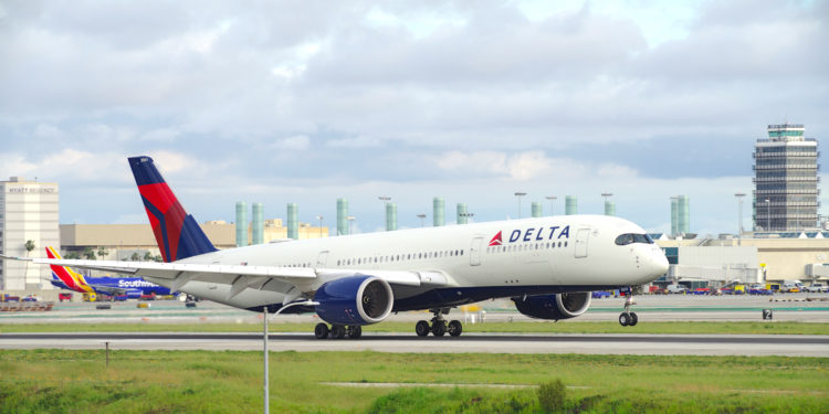 Image of Delta Air Lines Airbus A350-949 with registration N503DL shown arriving at the Los Angeles International Airport (LAX) from Shanghai (PVG). Delta Air Lines is the first US airline to operate the Airbus A350.