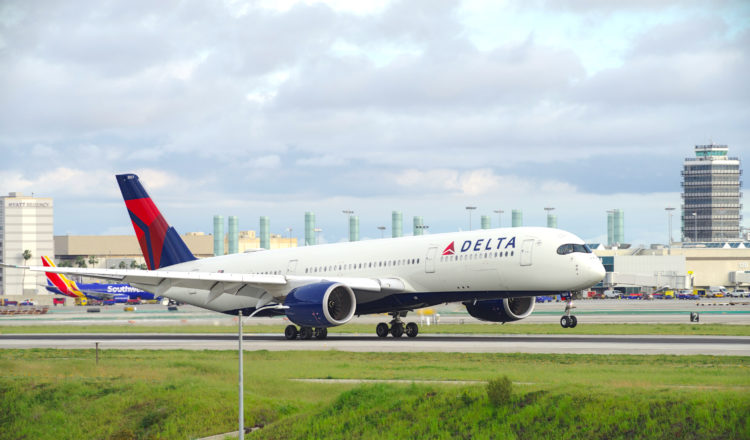 Image of Delta Air Lines Airbus A350-949 with registration N503DL shown arriving at the Los Angeles International Airport (LAX) from Shanghai (PVG). Delta Air Lines is the first US airline to operate the Airbus A350.