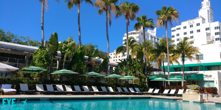 a pool with palm trees and umbrellas