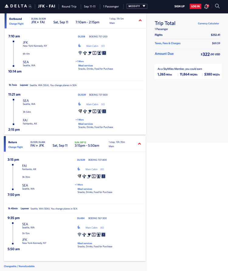 JFK to Fairbanks mileage run on September 11, 2021.
