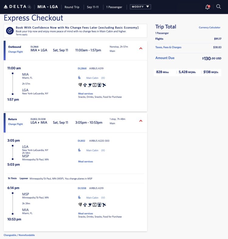 Delta mileage run from Miami (MIA) to New York-LaGuardia (LGA)