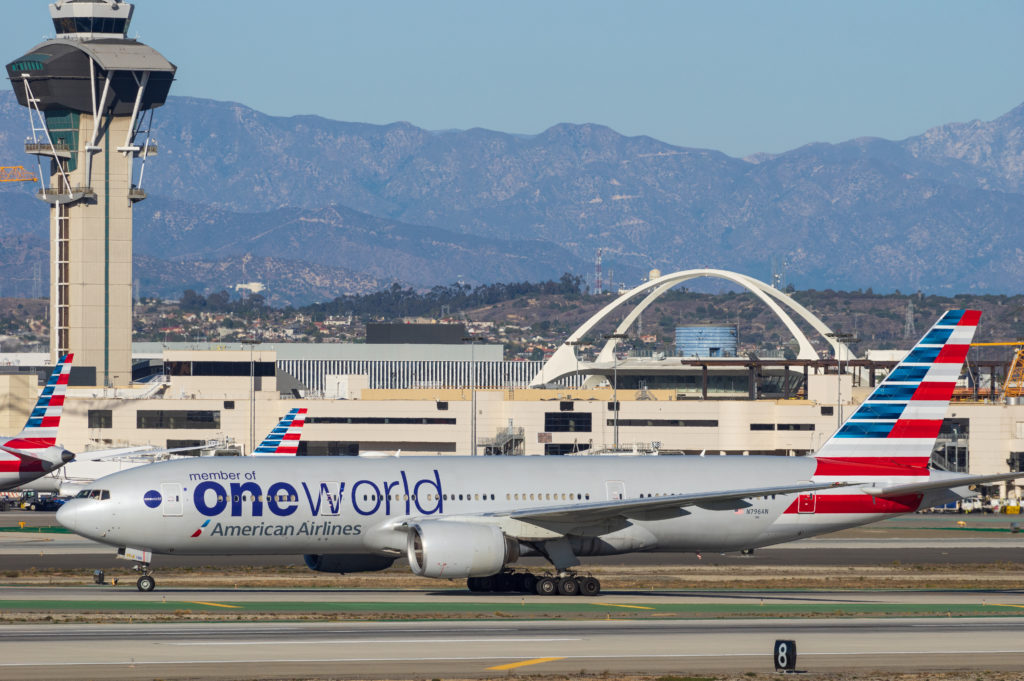 Image of American Airlines 'OneWorld' Boeing 777-223(ER) with registration N796AN shown taxiing at the Los Angeles International Airport