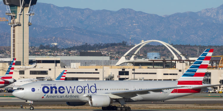 Image of American Airlines 'OneWorld' Boeing 777-223(ER) with registration N796AN shown taxiing at the Los Angeles International Airport