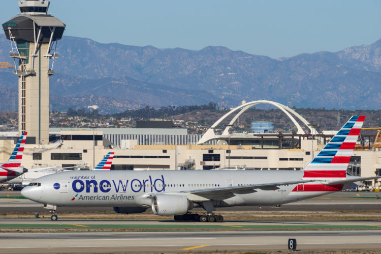 Image of American Airlines 'OneWorld' Boeing 777-223(ER) with registration N796AN shown taxiing at the Los Angeles International Airport