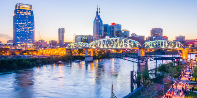 Nashville Tennessee downtown skyline at Shelby Street Bridge