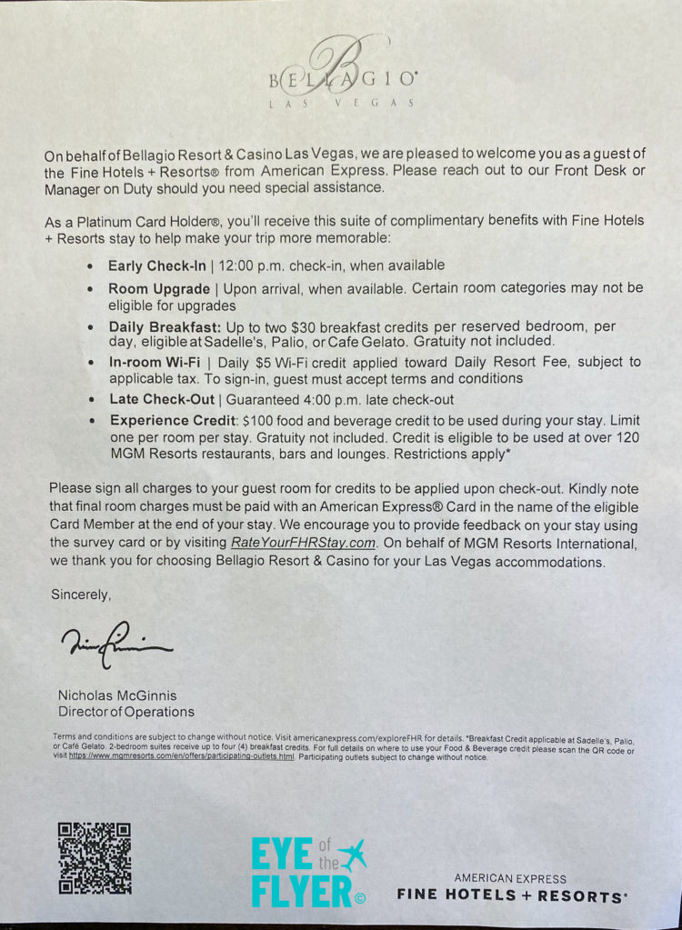 Bellagio Resort & Casino Las Vegas Fine Hotels & Resort (FHR) Welcome Letter. Bellagio is situated on the Las Vegas Strip in Paradise, Nevada.