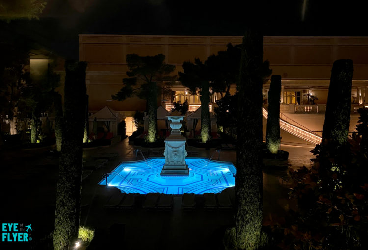 One of the pools at Bellagio Resort & Casino, lit up for the night. Bellagio is situated on the Las Vegas Strip in Paradise, Nevada.