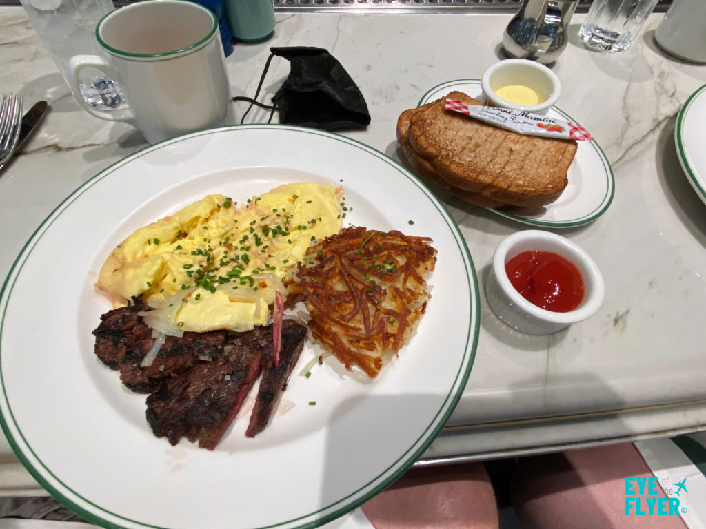 A steak and eggs breakfast is served at Sadelle's Cafe inside Bellagio Resort & Casino Las Vegas. Bellagio is located on the Las Vegas Strip in Paradise, Nevada.