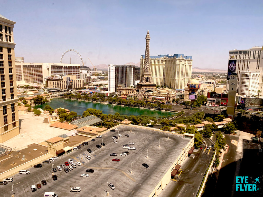 A view of “Lake Como,” Flamingo Las Vegas, Paris Las Vegas, Ballys Las Vegas, The Linq, and High Roller are seen from a Spa Tower kingsize bedroom at Bellagio Resort & Casino Las Vegas. Bellagio is located on the Las Vegas Strip in Paradise, Nevada.