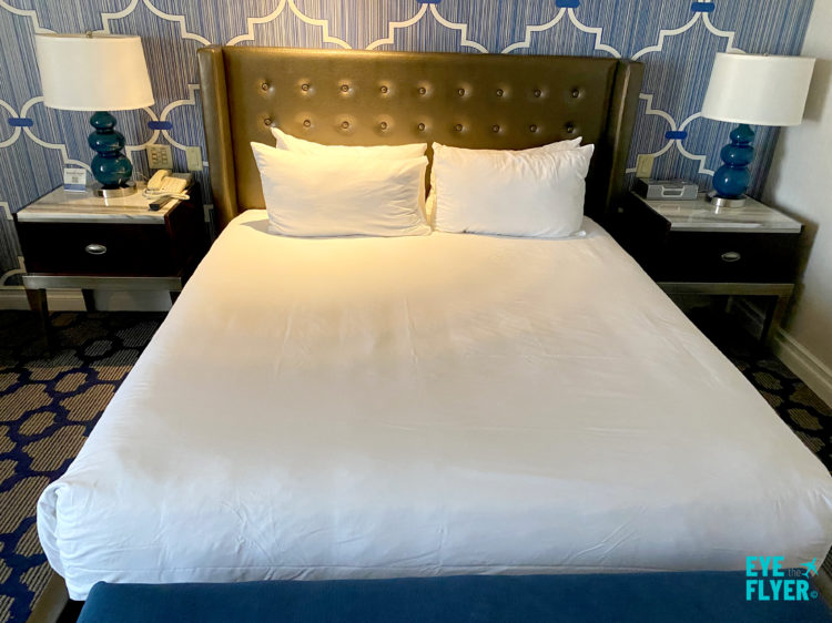 A kingsize bed inside a Spa Tower bedroom at Bellagio Resort & Casino Las Vegas. Bellagio is located on the Las Vegas Strip in Paradise, Nevada.