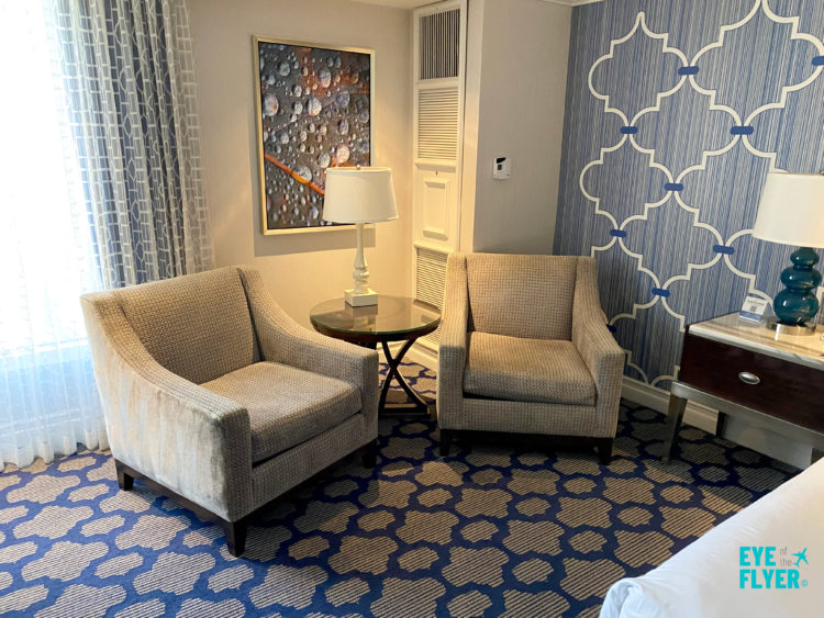 The lounge area is seen inside a Spa Tower kingsize bedroom at Bellagio Resort & Casino Las Vegas. Bellagio is located on the Las Vegas Strip in Paradise, Nevada.