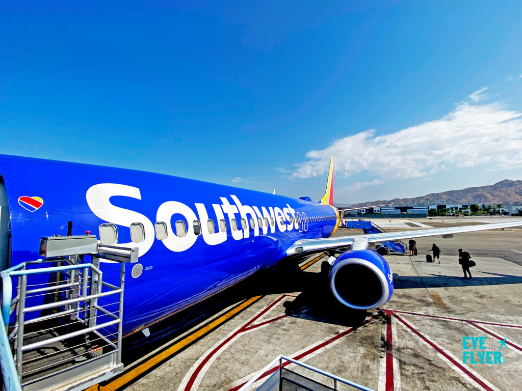 A Southwest Airlines 737-800 boards passengers at Hollywood Burbank Airport (BUR) in Burbank, California.