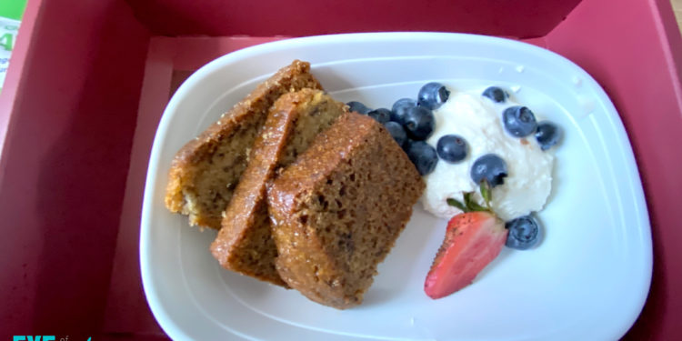 A review of the Delta Air Lines banana bread breakfast box served in first class during a flight.