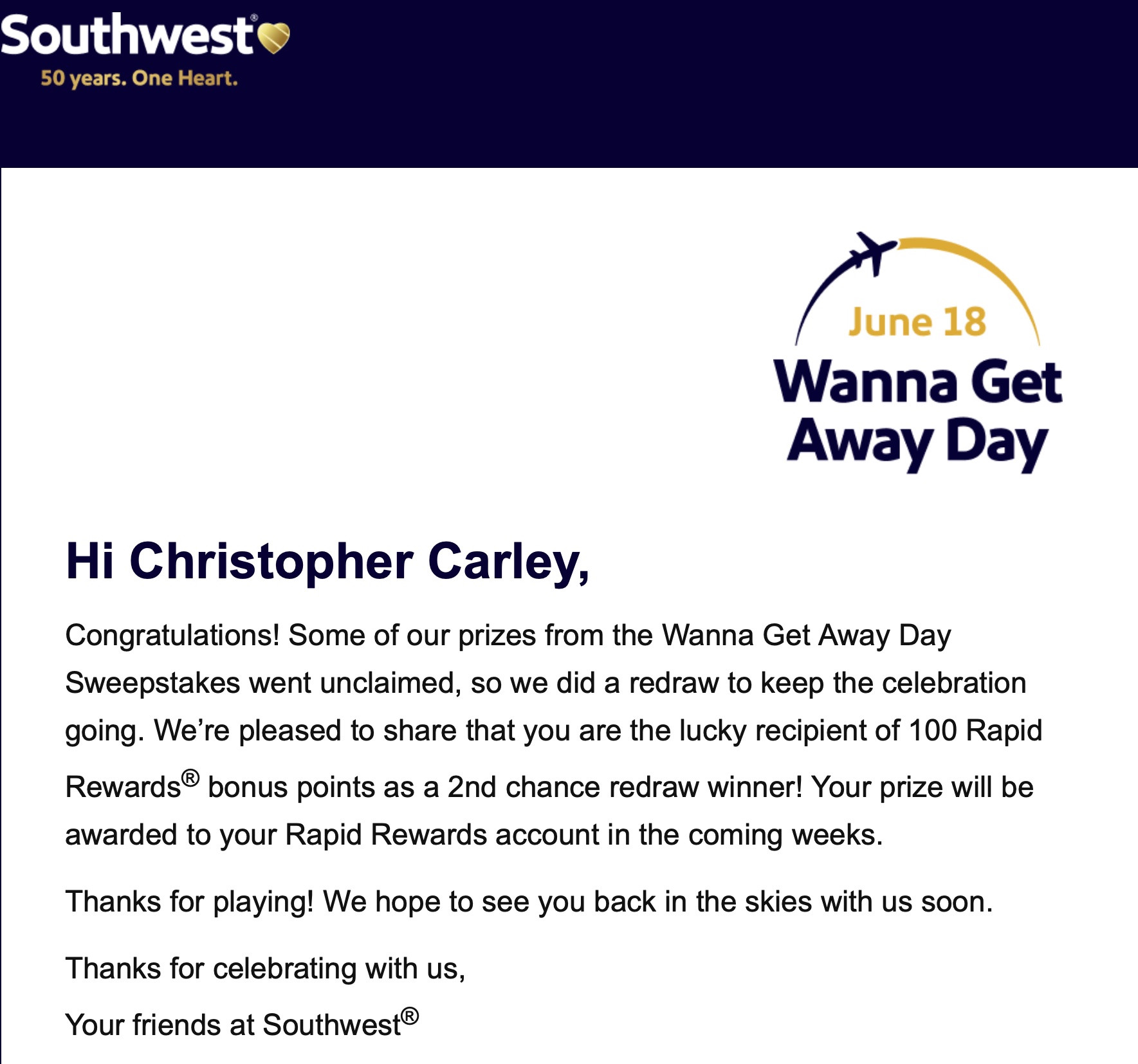 Southwest Wanna Get Away Day Unclaimed Points Eye of the Flyer