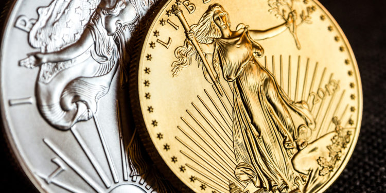 Silver eagle and golden American eagle coins from the US Mint