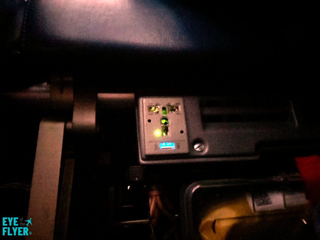 A power outlet is seen under seat 14D in a Delta Air Lines A321 aircraft. This is in Delta’s Comfort+ service class. 