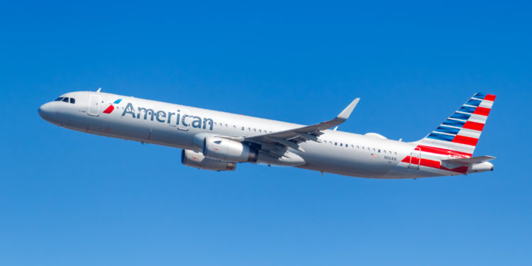 New York City, New York - March 1, 2020: American Airlines Airbus A321 airplane at New York JFK Airport in the United States. Airbus is a European aircraft manufacturer based in Toulouse, France.