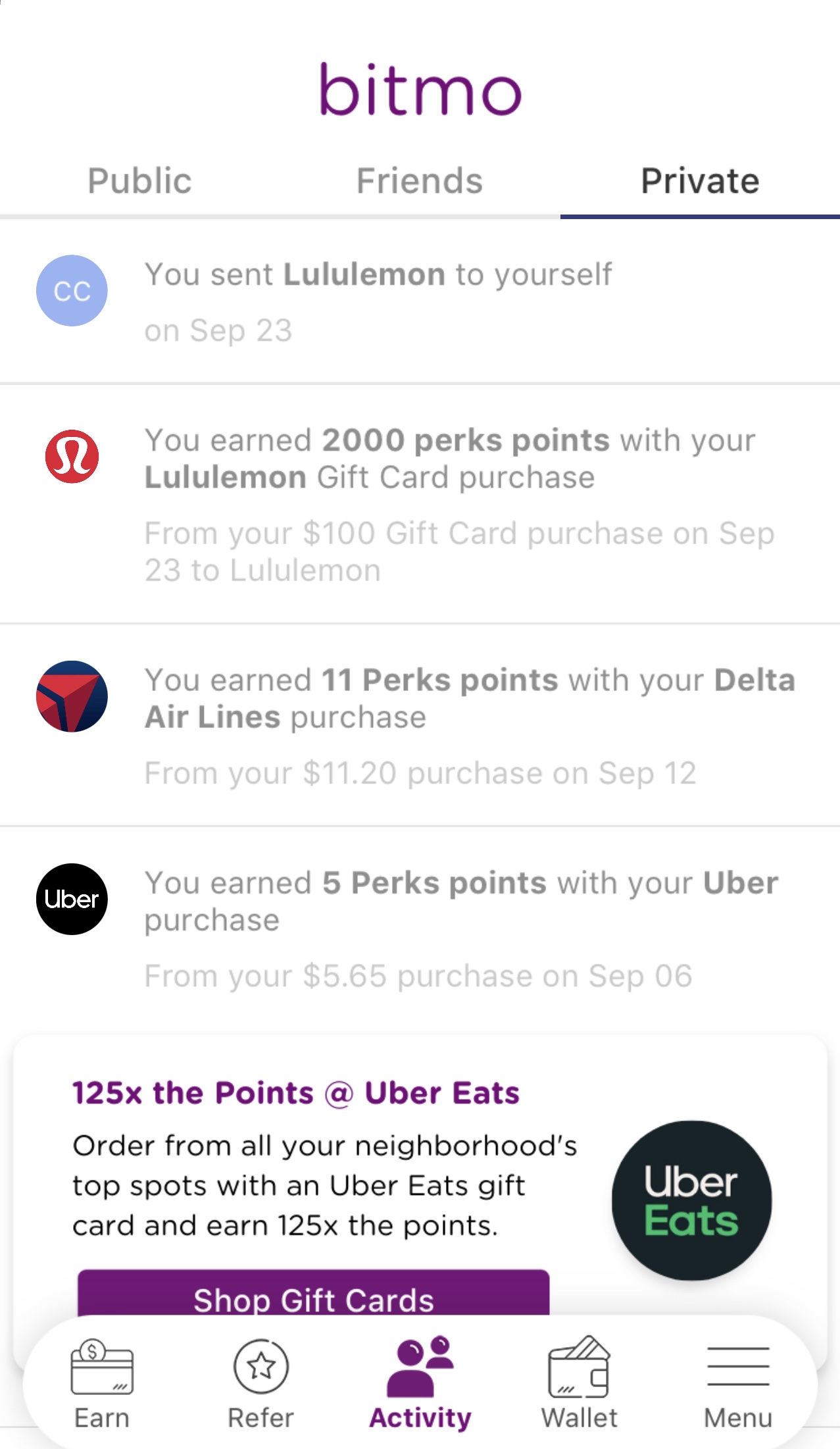 Earning Bitmo Perks points with a Delta Air Lines purchase.