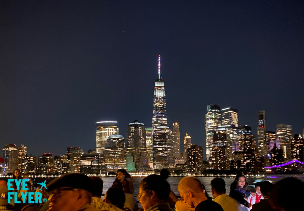 A view of One World Trade Center at night during a Circle Line Harbor Lights Cruise.