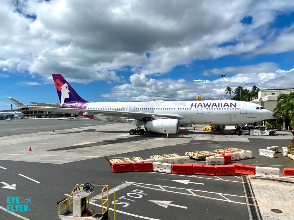 A Hawaiian Airlines Airbus A330 parks at gate D1 at Honolulu International Airport (HNL)