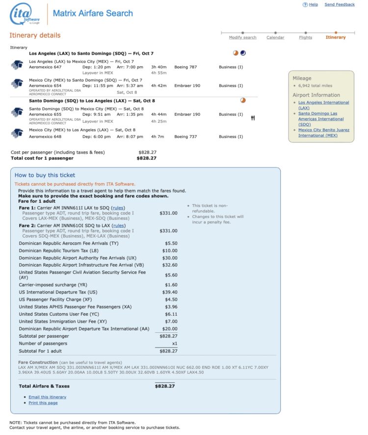 LAX to SDQ Mileage Run on October 6, 2022.