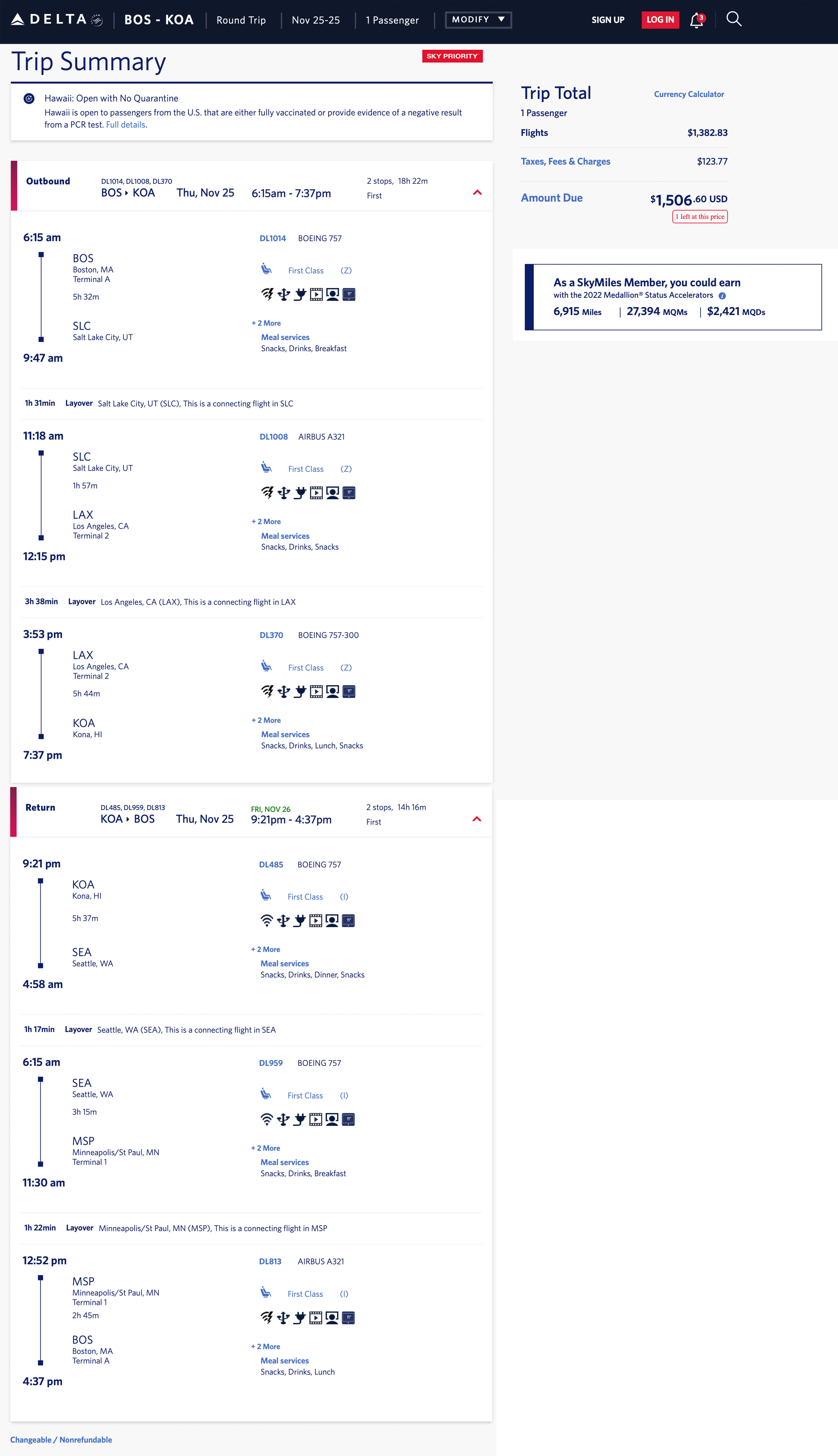 Delta mileage run from Boston to Kona