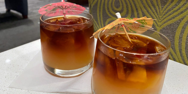 Complimentary Mai Tais are seen at the Delta Sky Club airport lounge inside the Daniel K. Inouye International Airport (HNL) in Honolulu, Oahu, Hawaii.