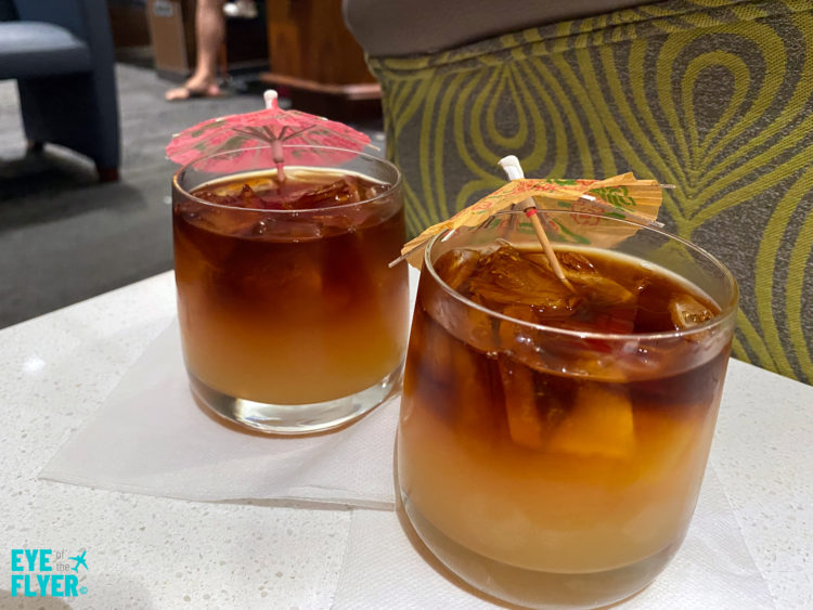 Complimentary Mai Tais are seen at the Delta Sky Club airport lounge inside the Daniel K. Inouye International Airport (HNL) in Honolulu, Oahu, Hawaii.