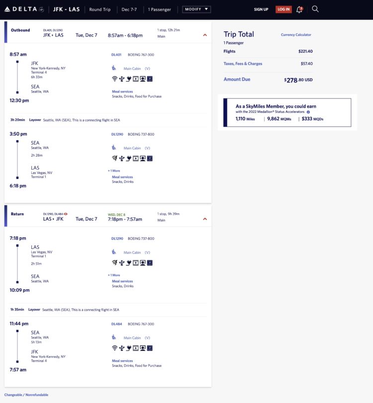 JFK to Las Vegas Delta mileage run in December 2021