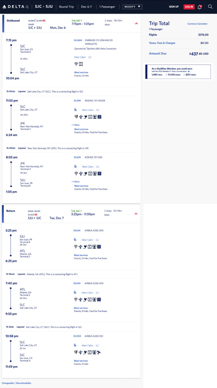 San Jose (SJC) to San Juan, Puerto Rico (SJU) Delta mileage run