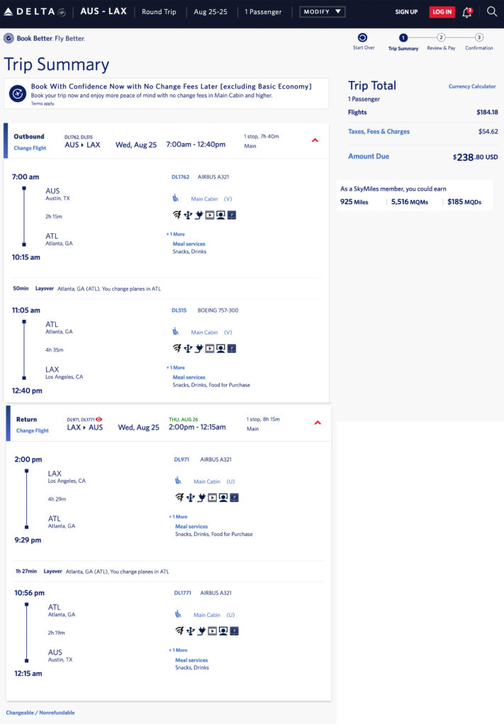 Delta mileage run from Austin to LAX via Atlanta.