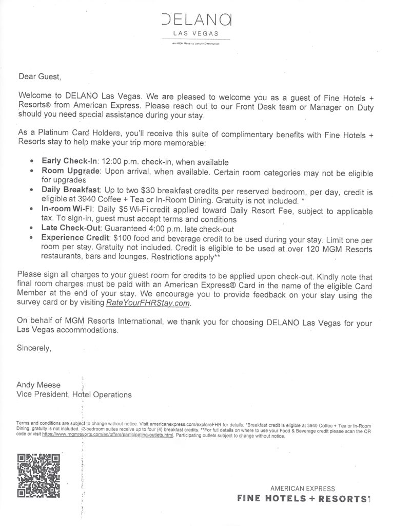 American Express Fine Hotels + Resorts welcome letter for Delano Las Vegas