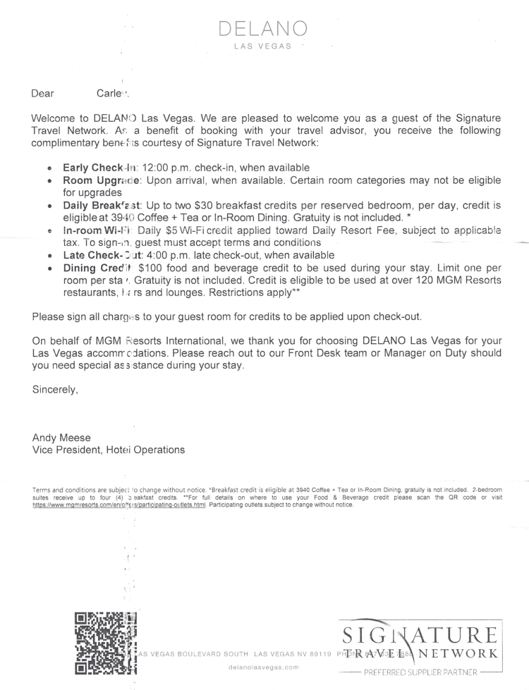 Chase Luxury Hotels & Resorts welcome letter for Delano Las Vegas