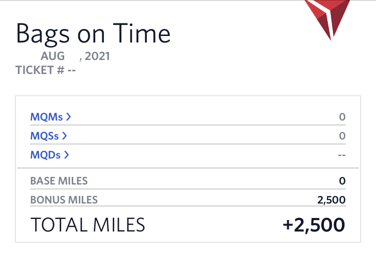 2,500 bonus SkyMiles for delayed Delta Air Lines luggage.