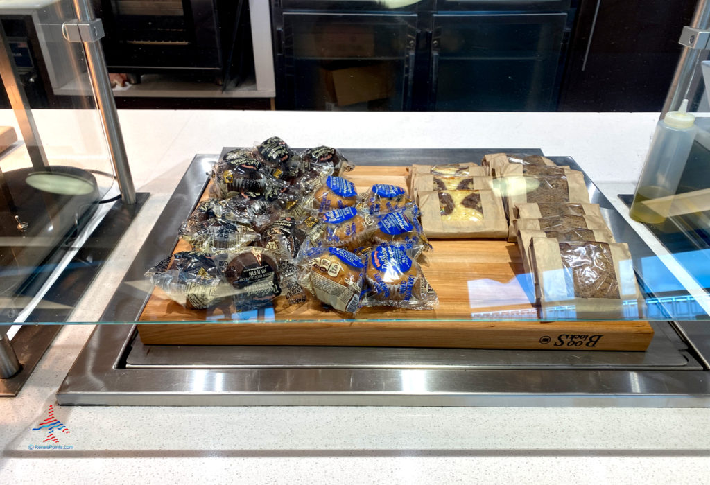 Muffins and breads are seen on the breakfast buffet during a visit the Delta Sky Club (F/G gates) in the Minneapolis-St. Paul International Airport (MSP) in Bloomington, Minnesota.