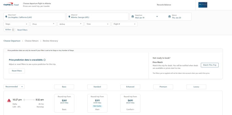 Booking a Delta flight through Capital One travel.