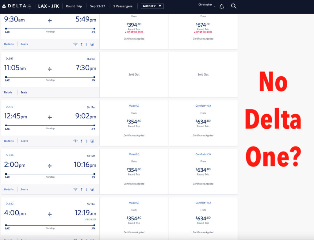 Delta Reserve Amex Companion Certificate options for a trip between LAX and JFK in September 2021.