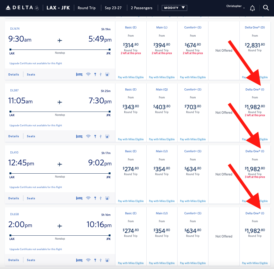 Delta fare options for a trip between LAX and JFK in September 2021.