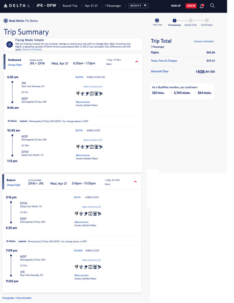 Delta Mileage Run: JFK to Dallas on April 21, 2021.