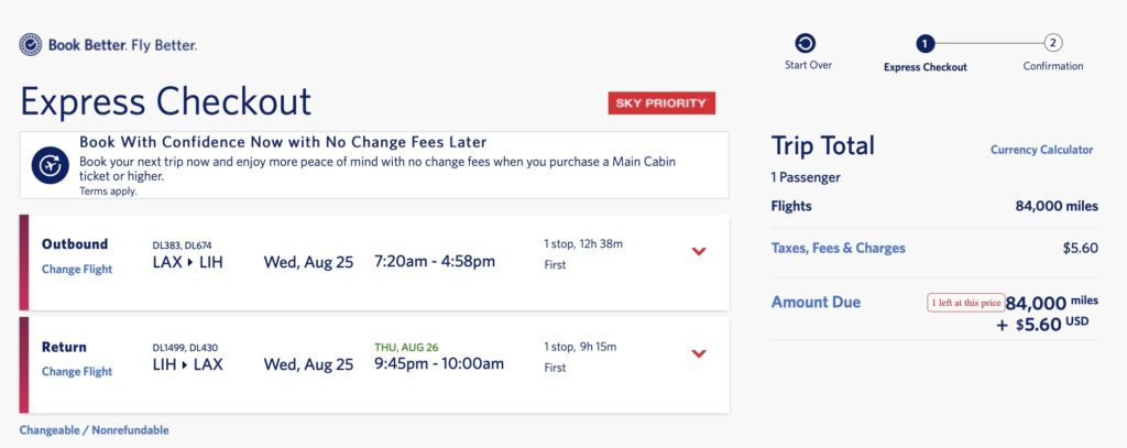 Delta mileage run from LAX to Lihue -- first class.