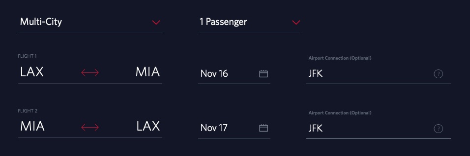 Delta elite mileage run: LAX to MIA via JFK on November 16.