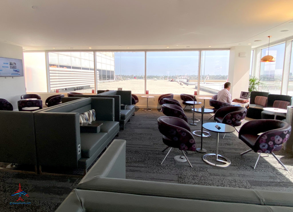 Guests and seating options are seen inside the Delta Sky Club “satellite” annex airport lounge inside Terminal 2 (T2) at Los Angeles International Airport (LAX) in Los Angeles, CA.